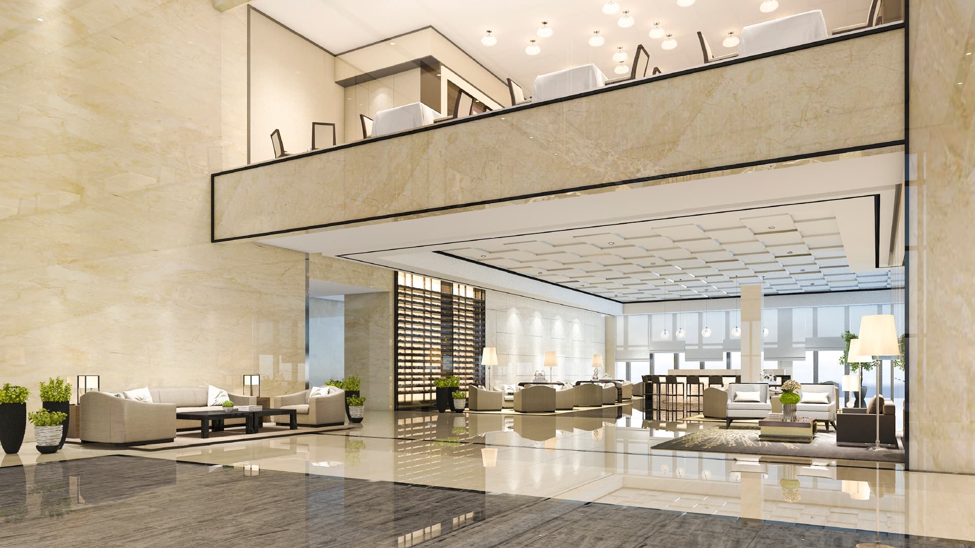 A sculptural chandelier above the marble lobby of a Seven Cities residence